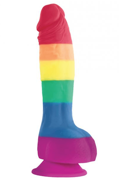 Realistic silicone dildo in rainbow stripes from red head to purple base, with sculpted balls and round suction cup.