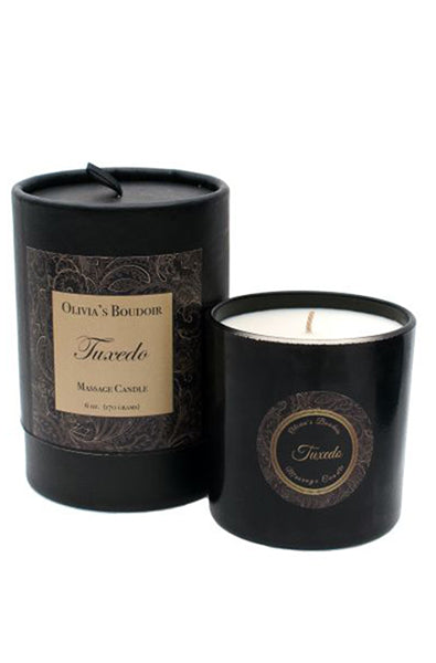Olivia's Boudoir Tuxedo massage candle in a glass jar with black label, on a white background.