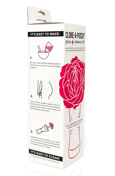 Clone-A-Pussy kit showing how the cured silicone replica fits into the white open-ended stroker sleeve.