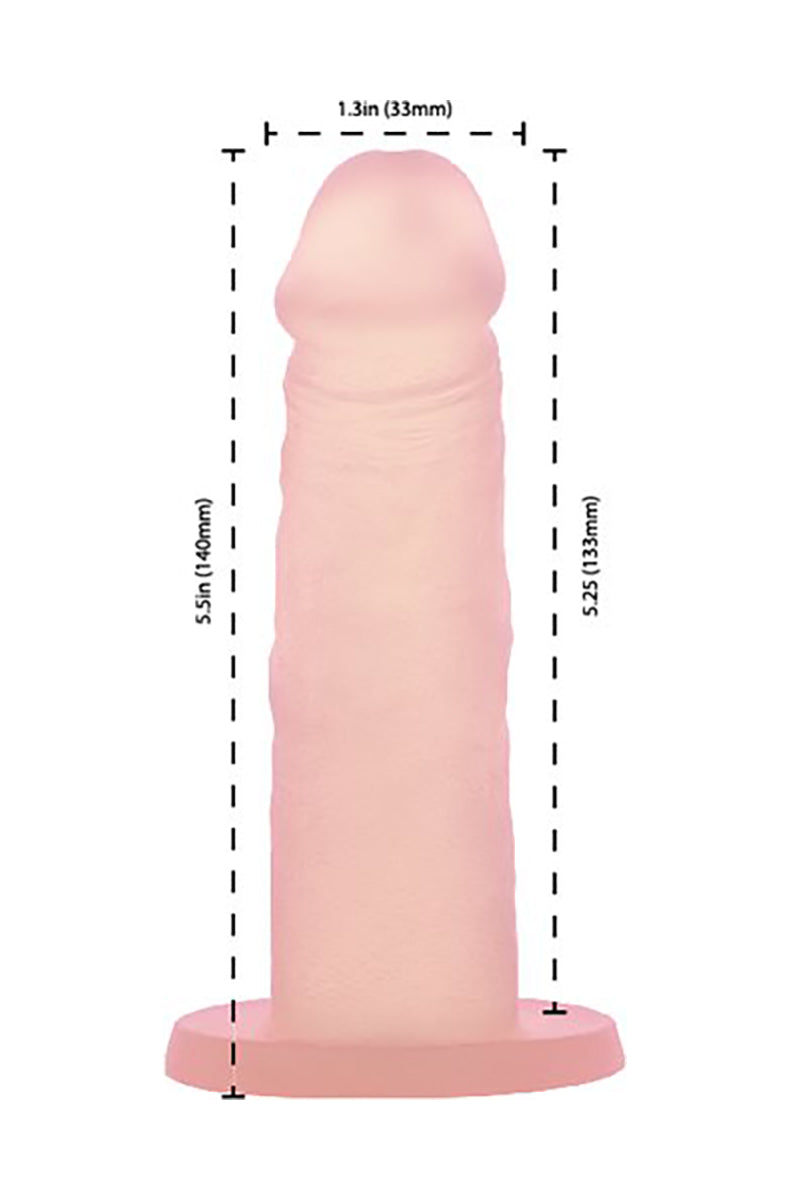 Peach Bellini Cocktails 5.5 in silicone dildo size diagram showing 5.5 inches long and 1.3 inches wide.