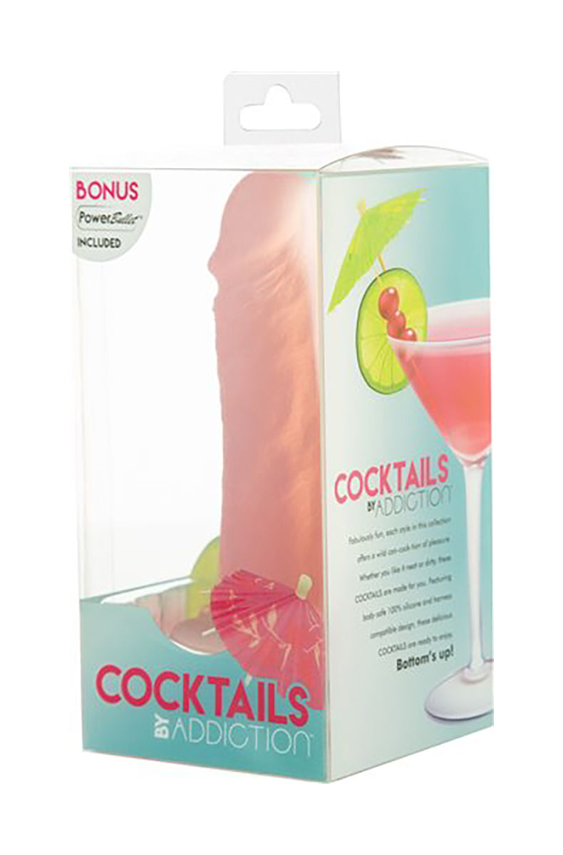 Peach Bellini Cocktails 5.5 in silicone dildo retail box angled view.