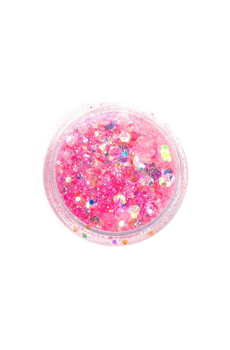 Lunautics Moon Dust Glitter pot in Cotton Kandi, showing pastel pink chunky cosmetic glitter on a white background.