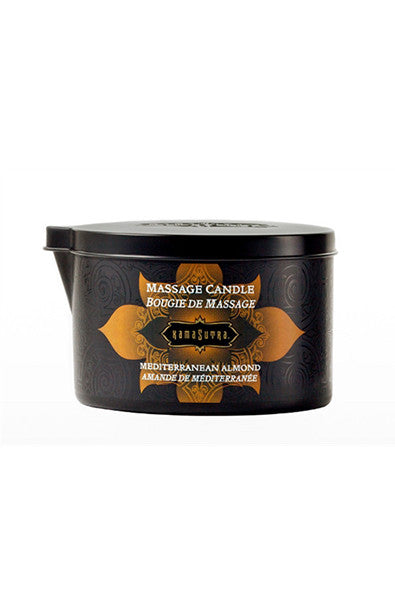 Kama Sutra Massage Oil Candle in Mediterranean Almond with a cream label on a white background.