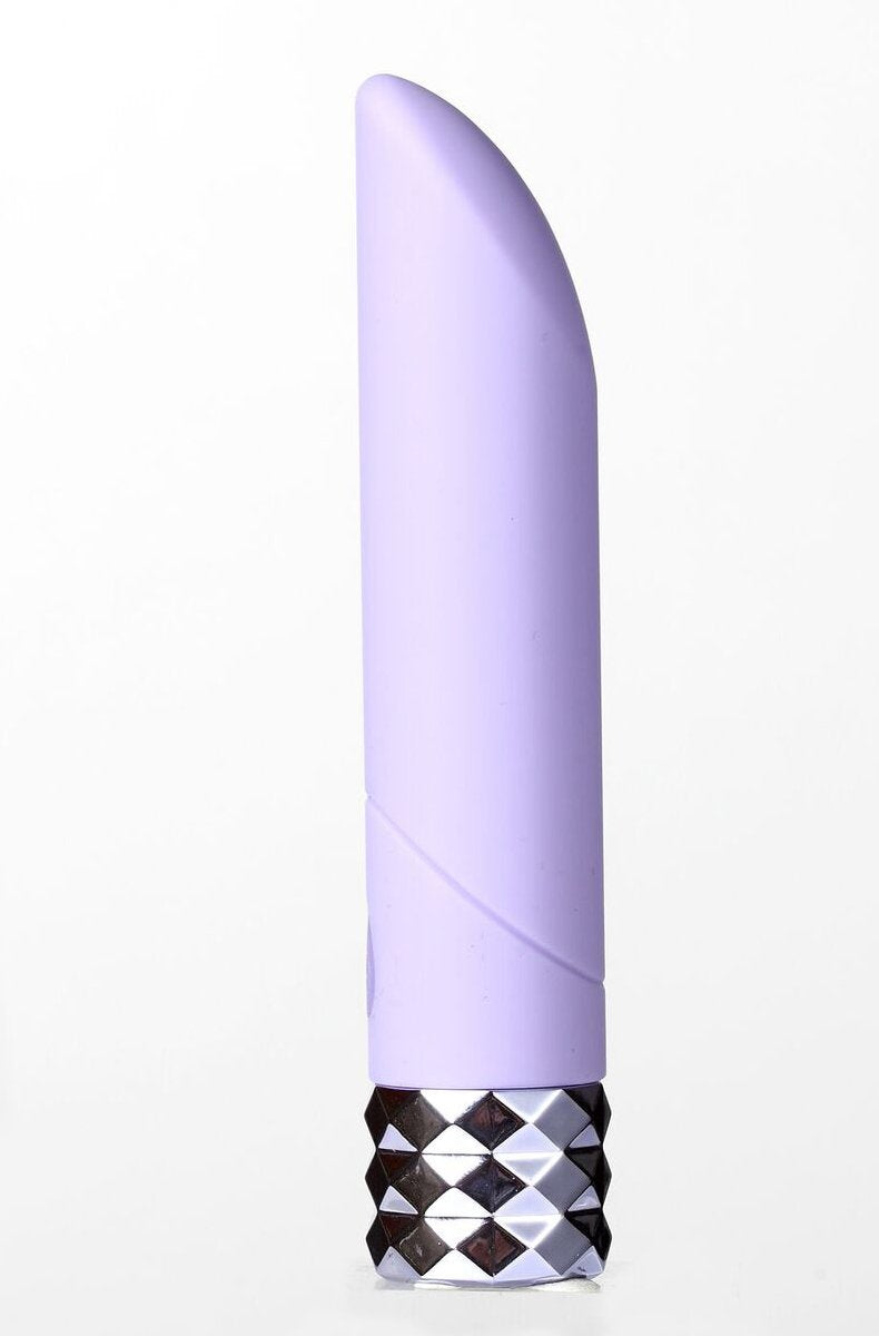 Lavender silicone Angel bullet vibrator with silver diamond cut crystal base, slanted tip