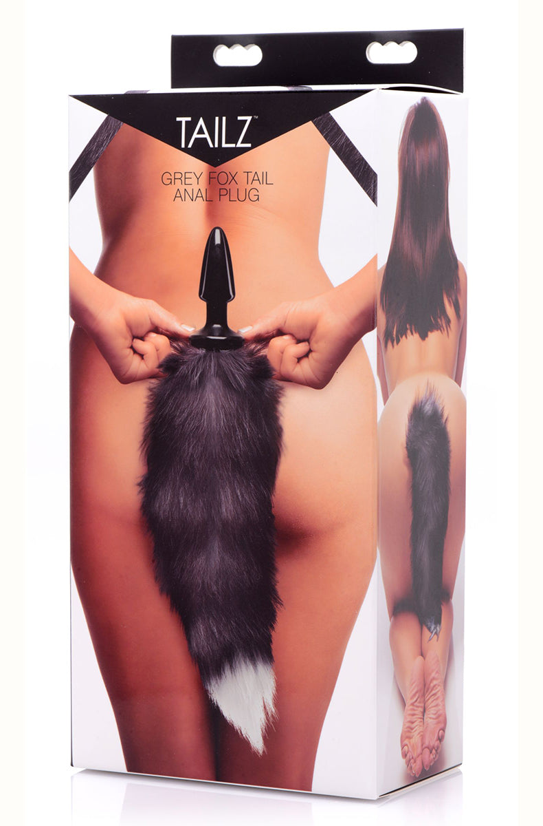 Second view of grey faux fur fox tail butt plug, showing the black tapered plug and the round flared base.