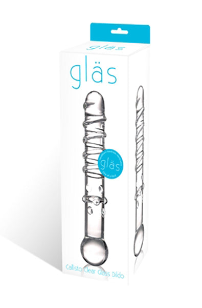 Glas Callisto clear glass dildo retail box in white and teal with product silhouette