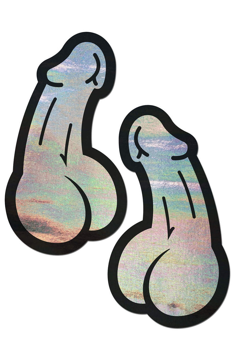 Two phallic-shaped pasties in iridescent silver holographic film with a black cartoon outline.