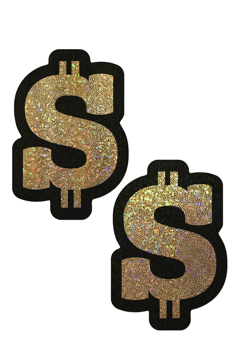 Two dollar-sign-shaped pasties in chunky gold holographic glitter with a black glitter outline framing the $ symbol.