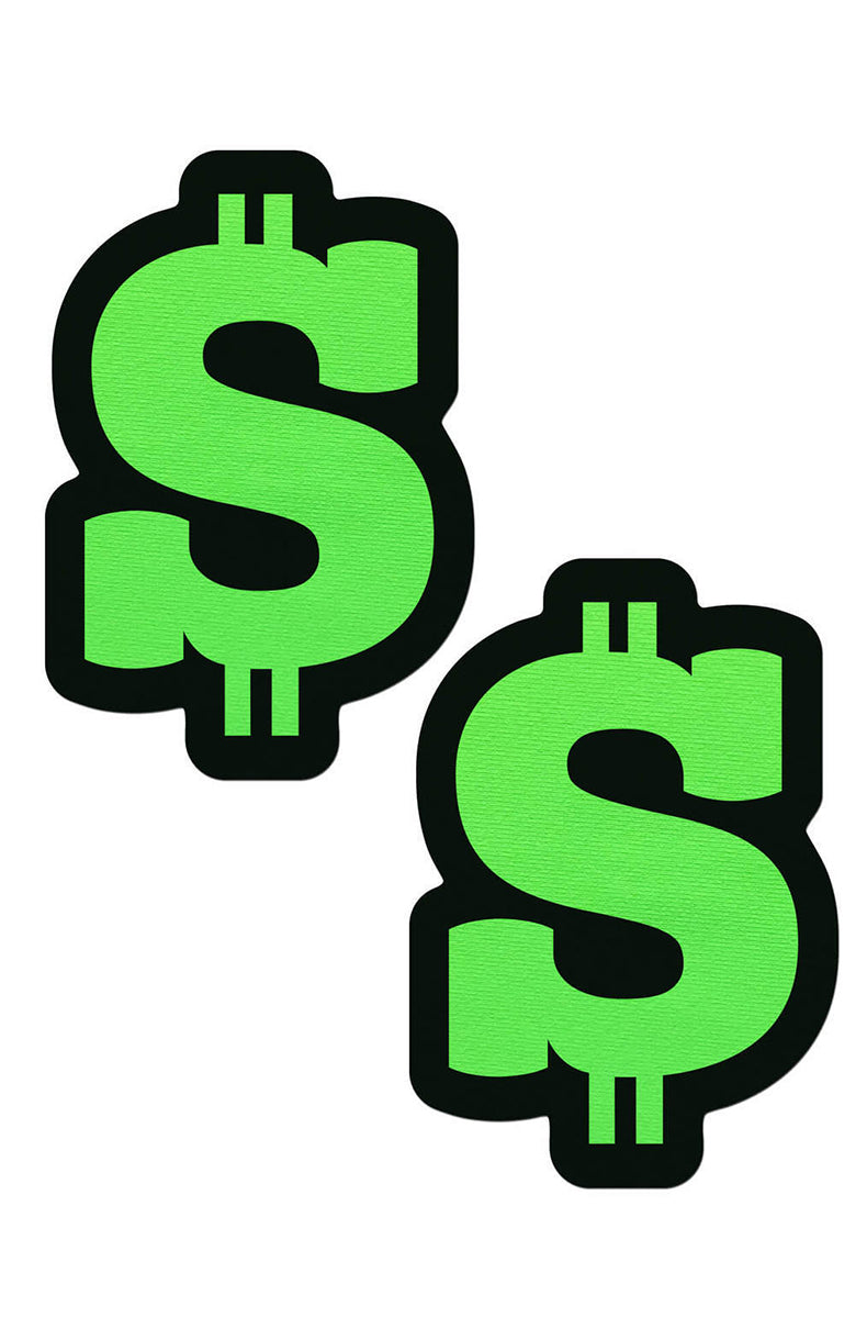 Two dollar-sign-shaped pasties in neon green with a thick black outline framing the $ symbol.