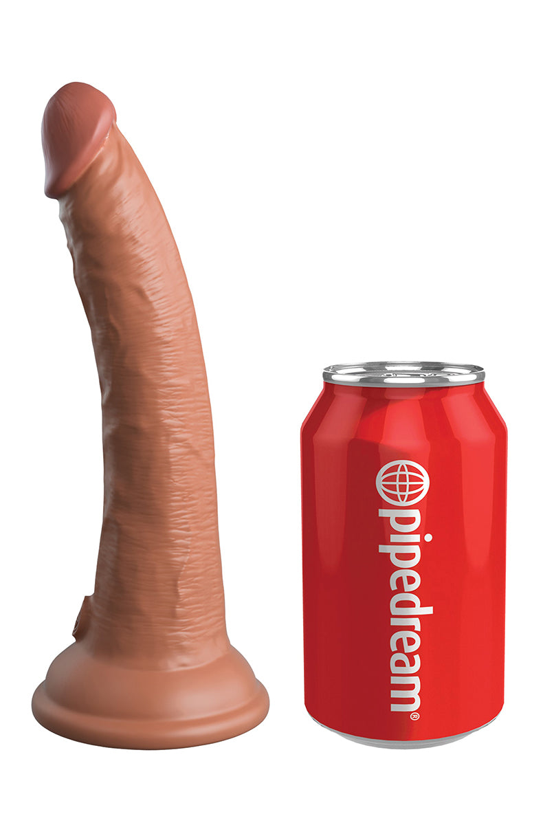 Side view of King Cock Elite 7 inch caramel silicone dildo showing the curved shaft and flared suction cup base.