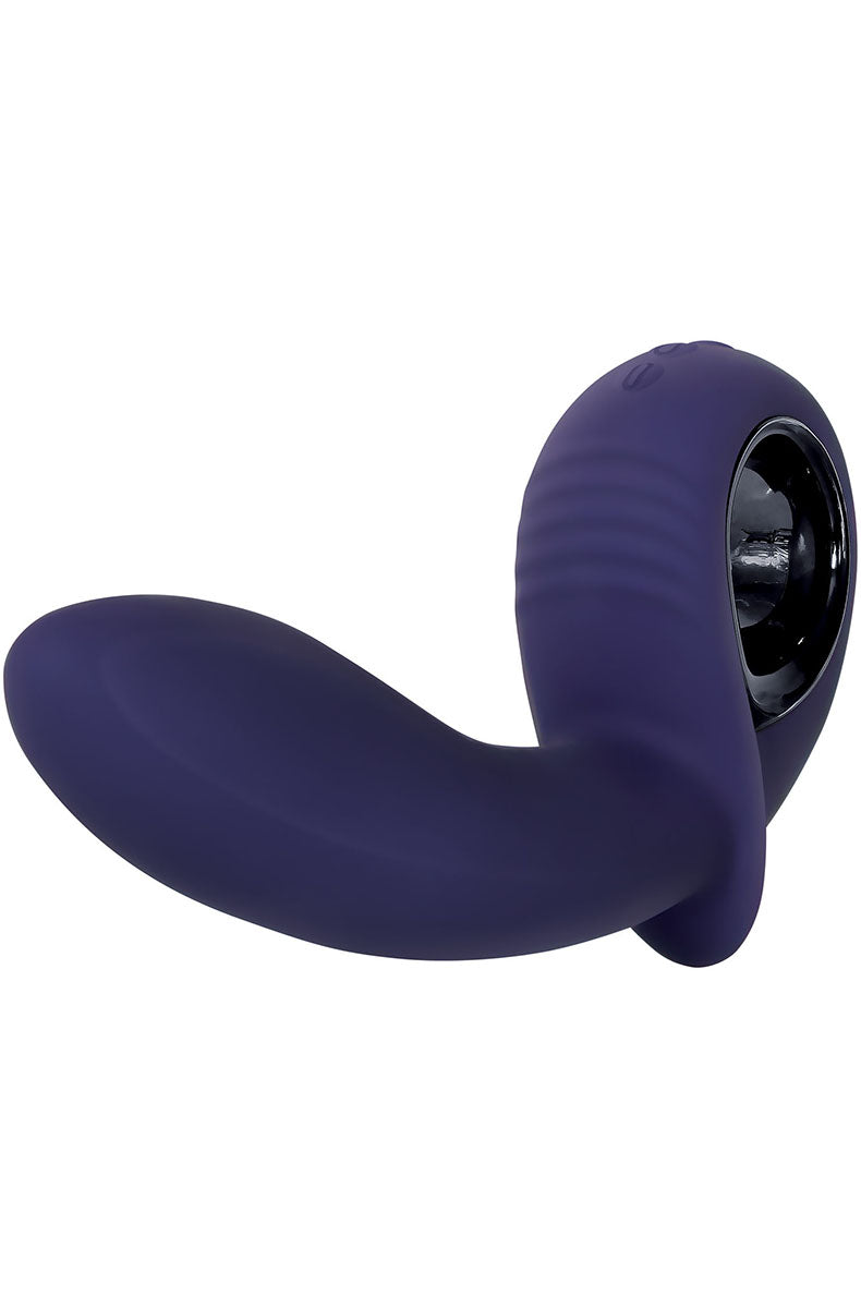 Side view of the deep navy Inflatable G-spot vibrator showing the curved shaft and the integrated finger-loop base.