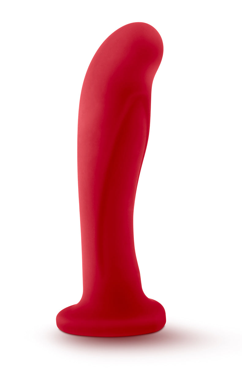 Angled view of slim red silicone dildo on heart-shaped suction cup base.