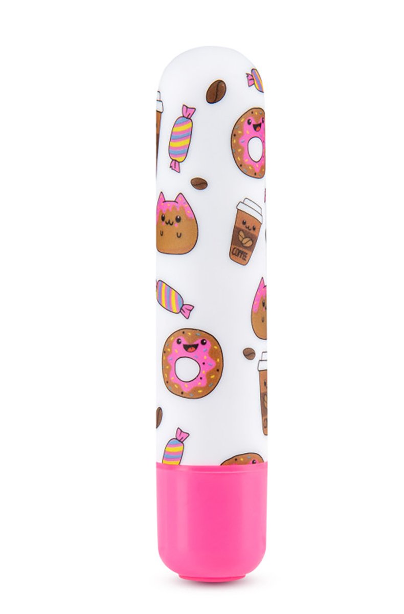 Mini Sweet Rush Bullet vibrator with white shaft printed in donuts, coffee cups, and candies, hot pink base.