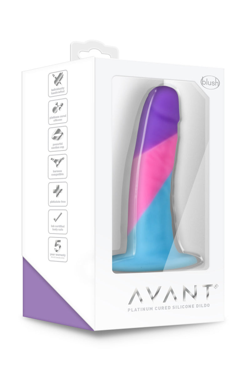 Side view of slim Vision of Love silicone dildo showing the purple, pink, and blue color blocks and curved tip.