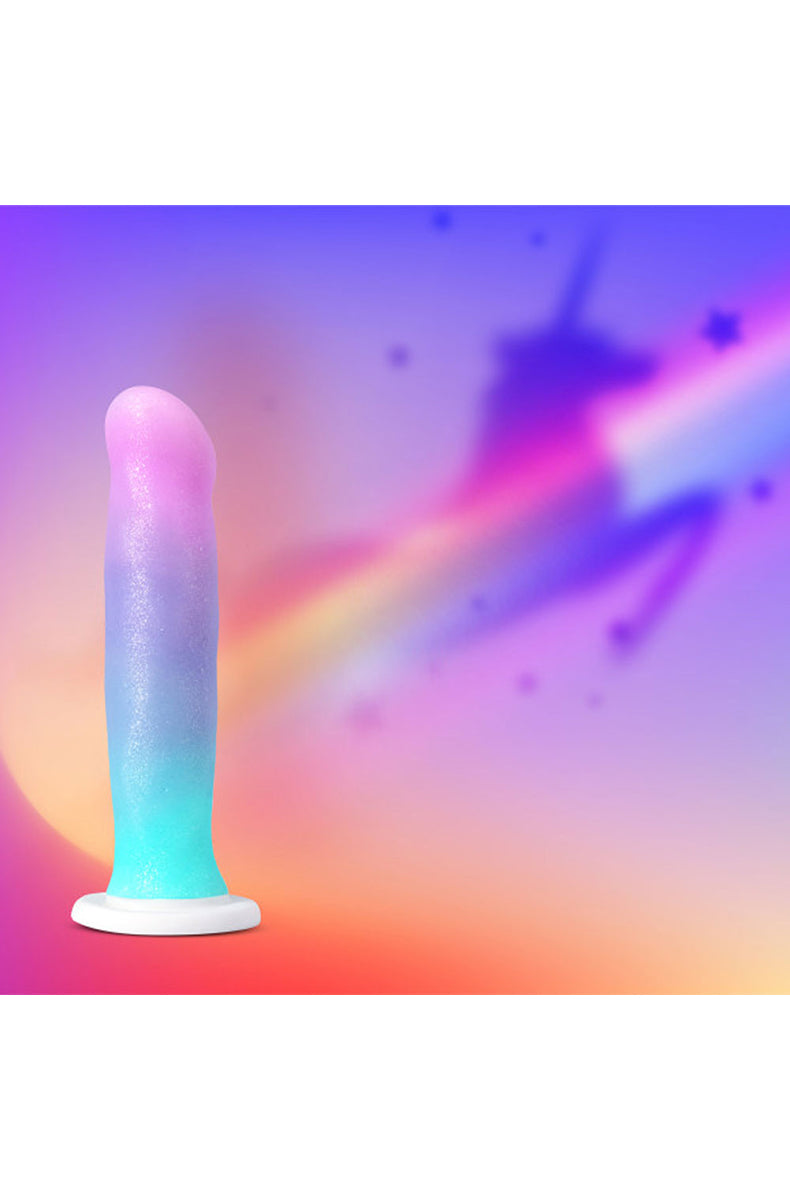 Second view of the Avant Unicorn iridescent silicone dildo with suction cup base.