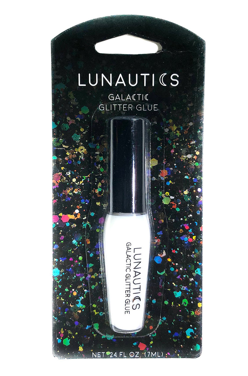 Lunautics Galactic Glitter Glue tube with applicator on a white background, waterproof body-art glue.