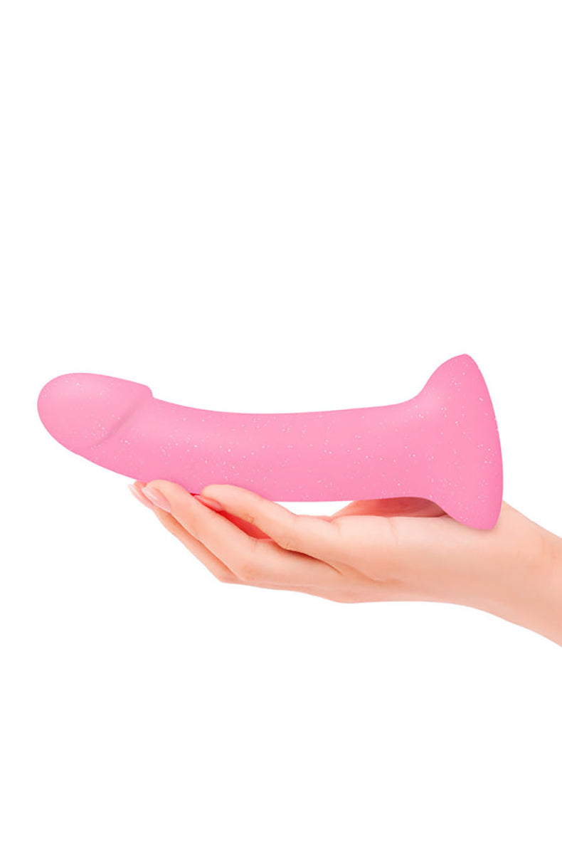 Dildoll Glitzy pink sequin silicone dildo, top view of glans.