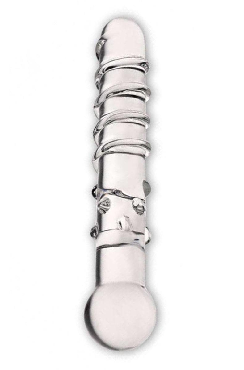 Clear glass Callisto dildo with spiral ribbing, bumps and bulbous bottom, on white