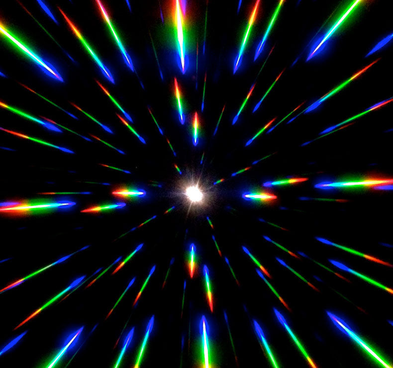 Wayfarer-style sunglasses with transparent rainbow yellow-green-blue frames, GloFX branding on the blue temple, and gold-mirror diffraction lenses.