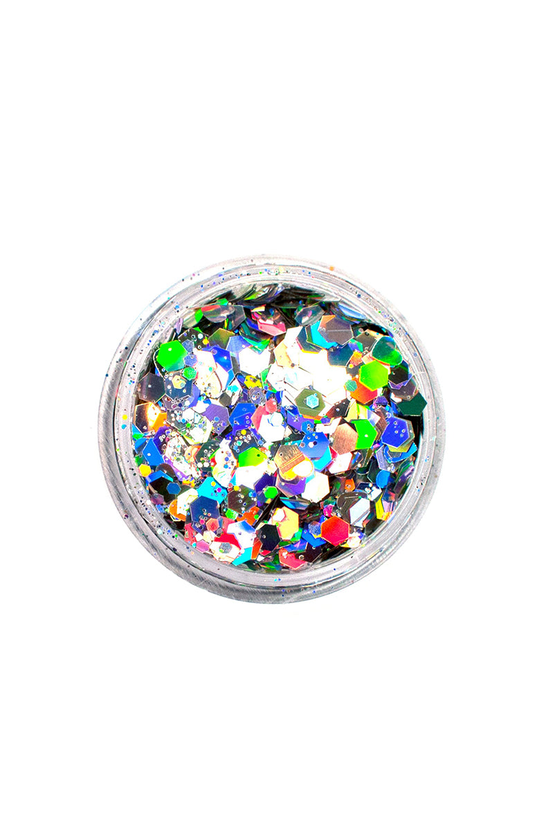 Lunautics Moon Dust Glitter pot in Holla Girl, showing hot pink chunky cosmetic glitter on a white background.