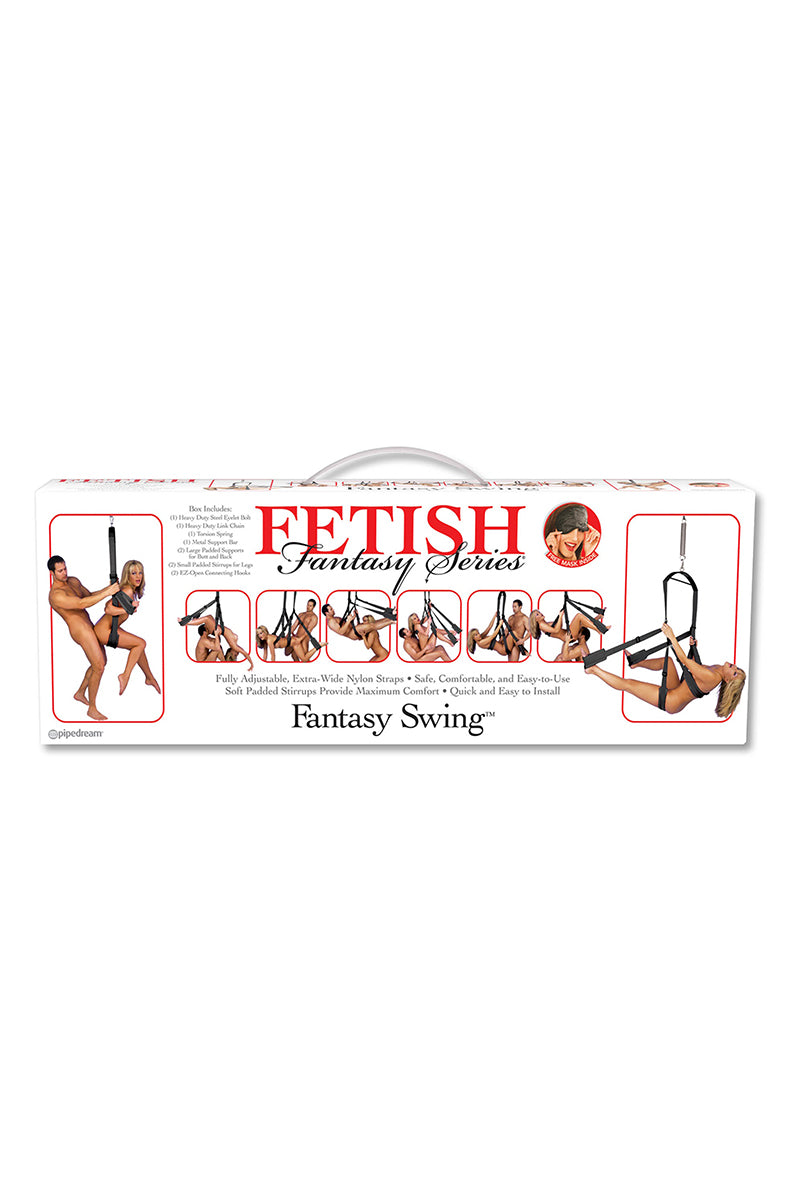 Fantasy Sex Swing seat detail showing the padded butt and back supports and the two leg stirrups.