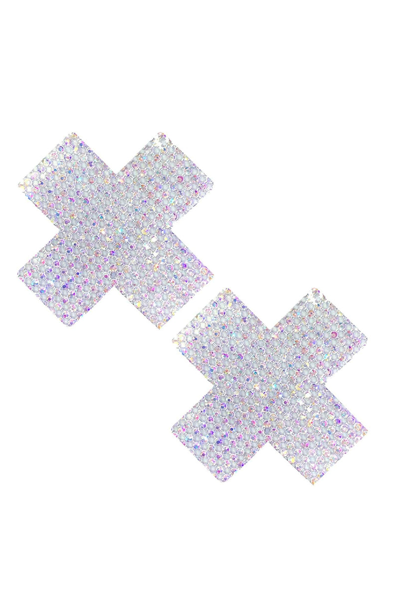Two X-shaped pasties built from a dense grid of clear AB-coated rhinestones that flash subtle rainbow.