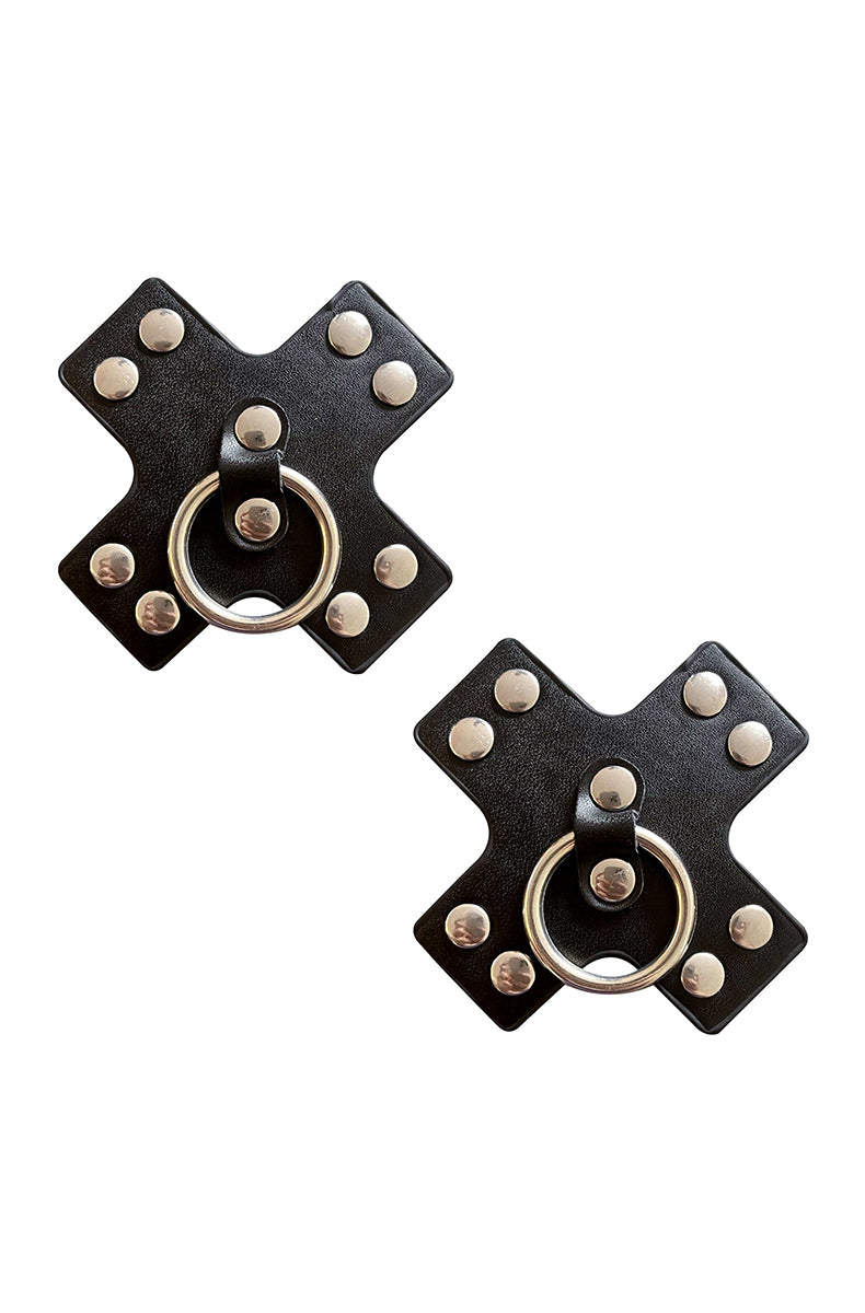 Two black X-shaped pasties with silver-tone metal rivets along each arm and a silver-tone hoop ring at the center.