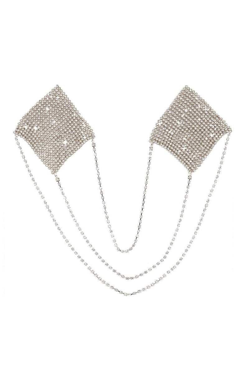 Two diamond-shaped pasties faced with a dense grid of clear rhinestones, joined by three graduated rhinestone-chain swags.