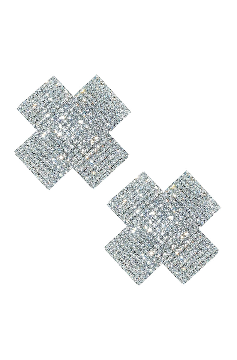 Two X-shaped pasties covered edge to edge in a dense grid of clear rhinestones.