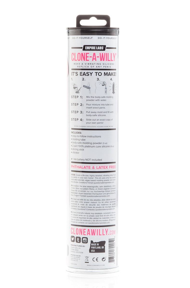 Clone A Willy in Hot Pink retail packaging, full body view of the kit tube on white.