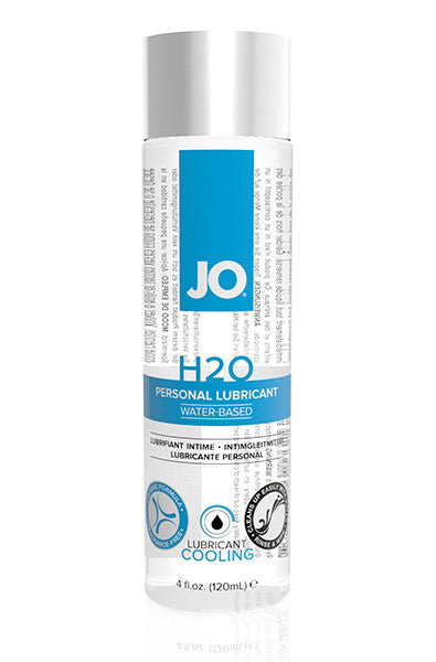 Clear JO H2O water based cooling lubricant bottle, 4 fl oz, with silver cap