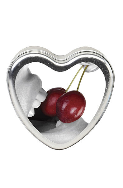 Earthly Body cherry edible body candle in a small tin, red-cherry label, on a white background.