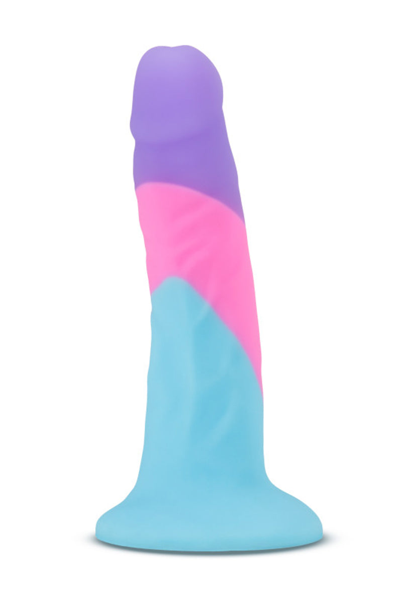 Detail view of the flared suction-cup base of the slim three-color silicone dildo.