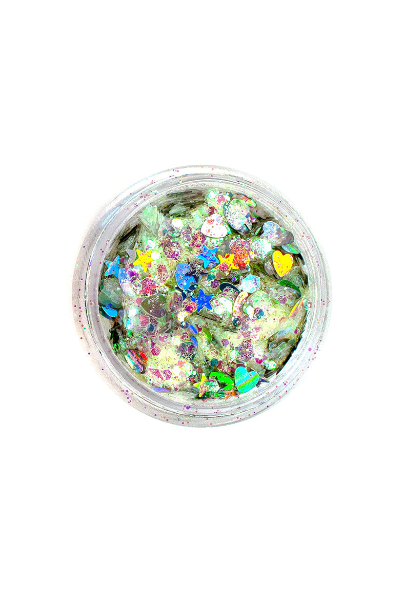 Lunautics Moon Dust Glitter pot in La La Land, showing rose-gold and pink mix chunky cosmetic glitter on a white background.