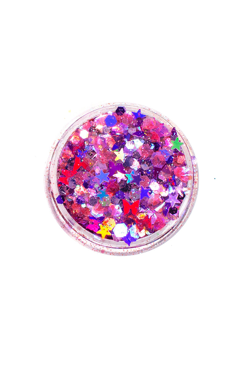 Lunautics Moon Dust Glitter pot in Lunita, showing silver moon-shine chunky cosmetic glitter on a white background.