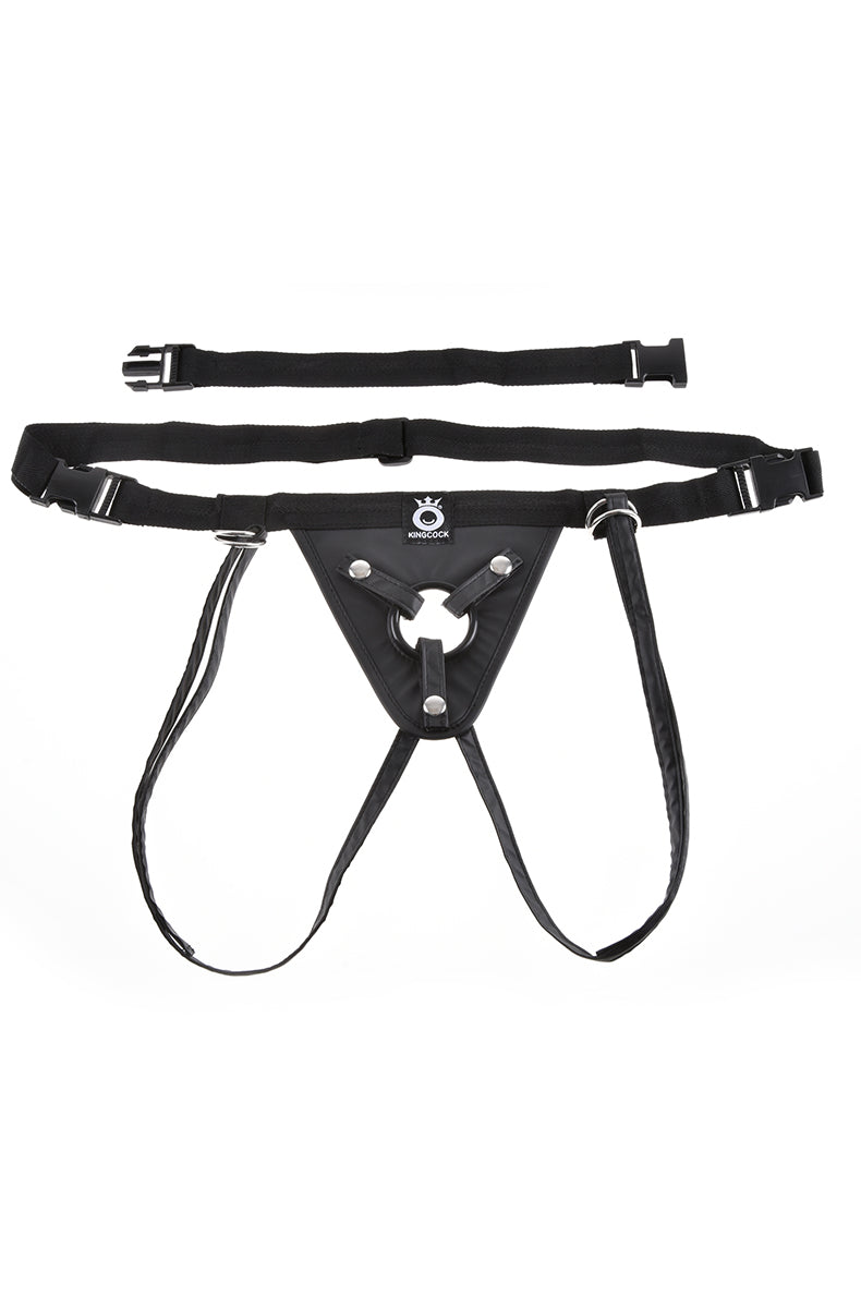 Front view of black King Cock vinyl strap-on harness flat with waist strap, side buckle, and O-ring panel.