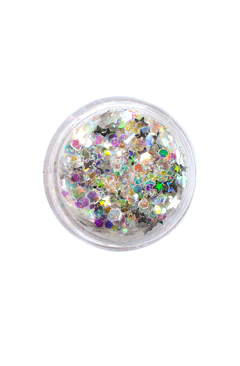 Lunautics Moon Dust Glitter pot in Magick, showing deep purple-violet chunky cosmetic glitter on a white background.