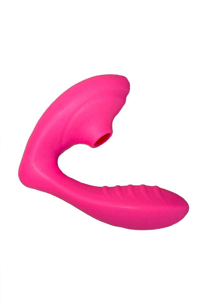Hot pink silicone Maya Sucking G-Spot Vibrator in C-curve with clitoral suction mouth and ridged internal G-spot arm.