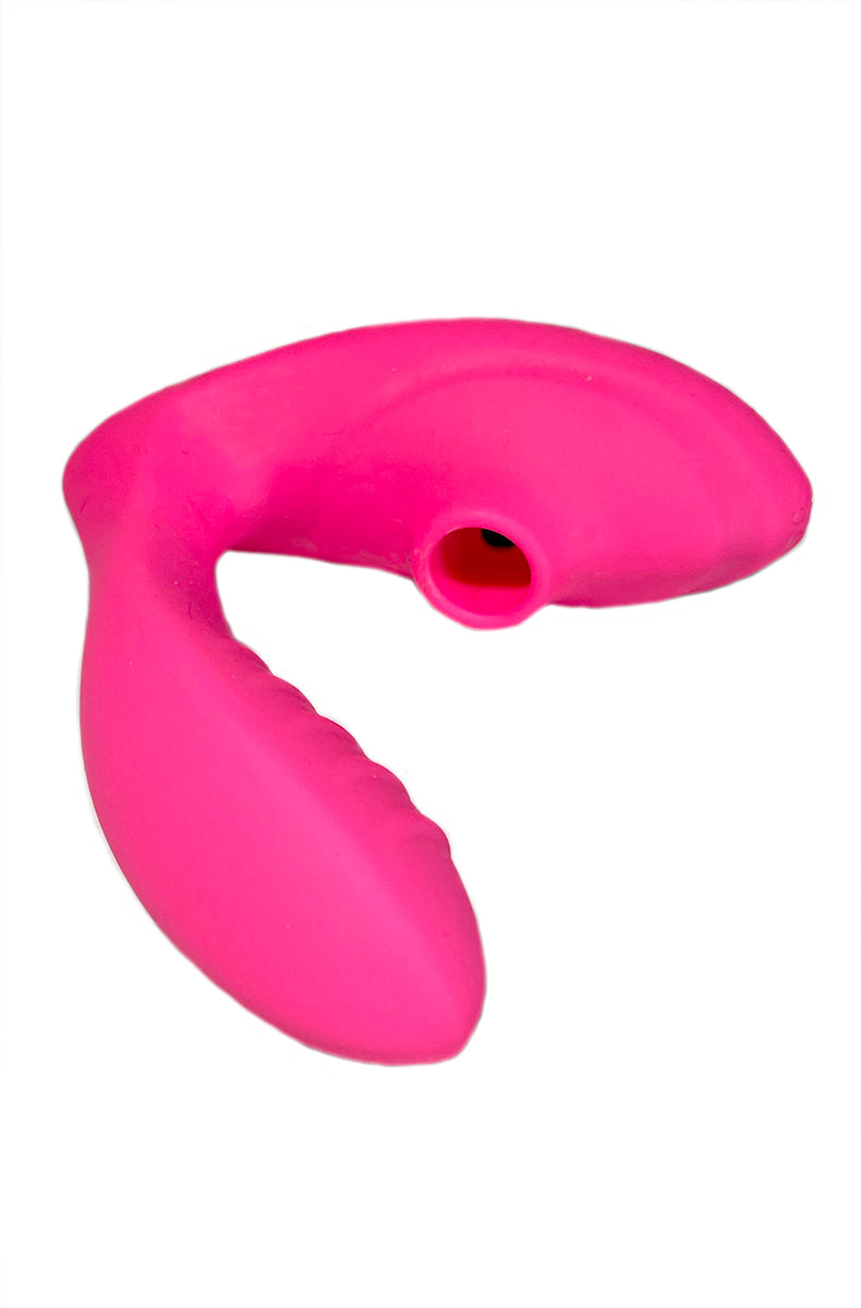 Hot pink Maya suction G-spot vibrator from a side angle showing the ridged internal texture.