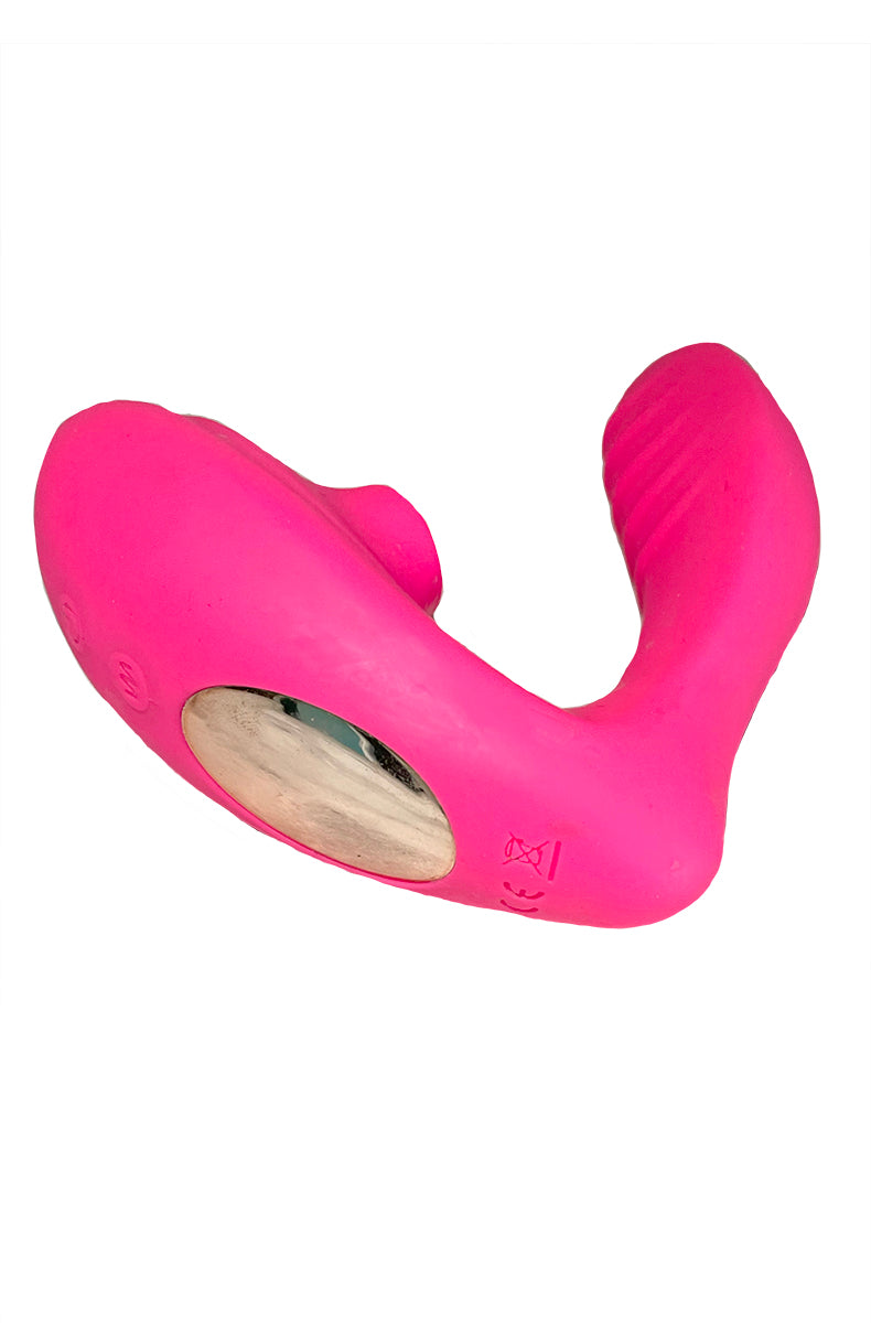 Hot pink Maya suction G-spot vibrator from above showing the suction mouth opening.