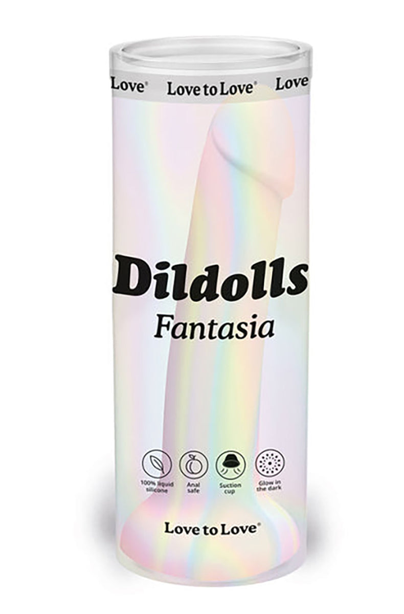 Dildoll Fantasia pastel rainbow glow silicone dildo, top view of glans.