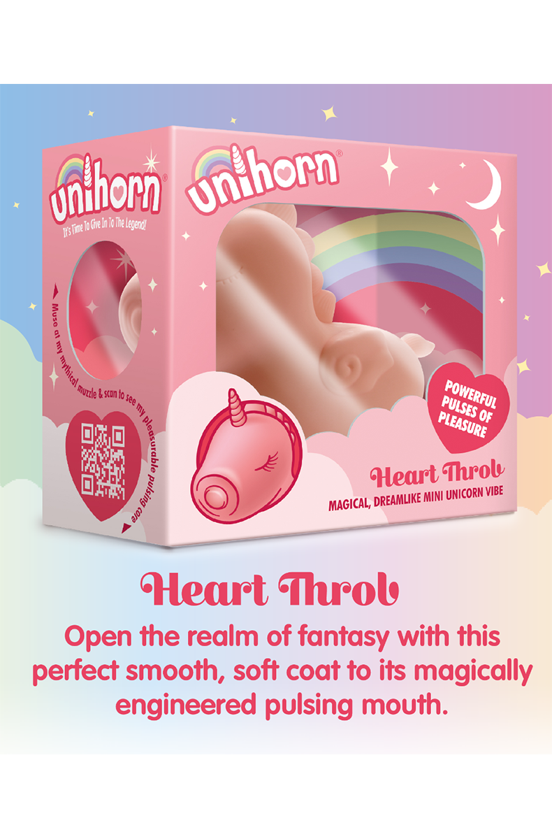 Side view of the pink silicone Unihorn Heart Throb vibrator showing the unicorn's body and pulsing mouth opening.