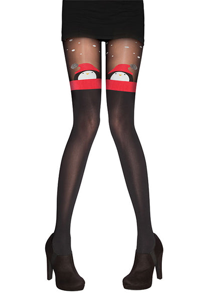 Black tights with a sheer top section ending in a red band with a knit penguin in a red Santa hat at each thigh, opaque legs below.