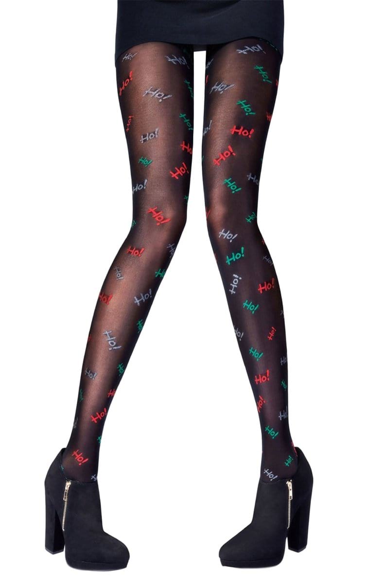 Black sheer tights with the word "Ho!" repeated in red, green, silver, and white lurex print scattered across both legs.
