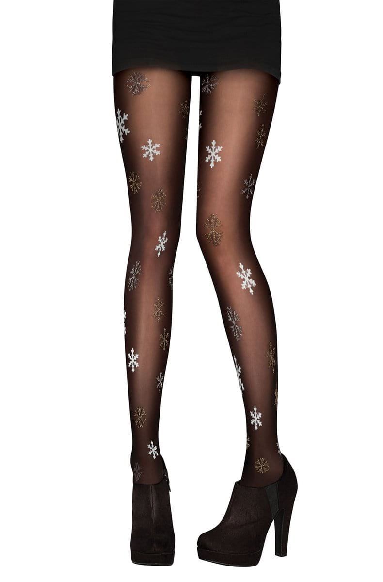 Black sheer tights with silver and gold metallic lurex snowflakes scattered across both legs.