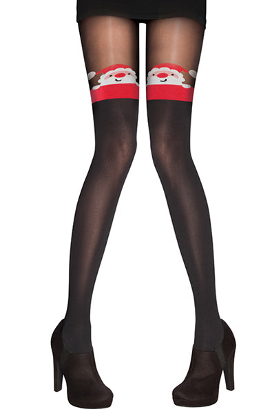 Black tights with a sheer top section ending in a red band with a knit Santa face (white beard, red hat) at each thigh, opaque legs below.