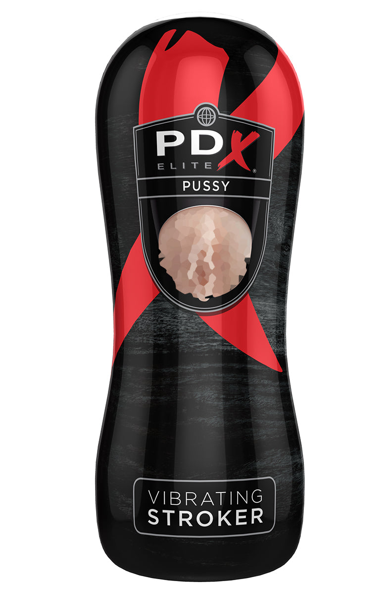PDX Elite Vibrating Stroker pussy entry, black canister with red ribbon and front label