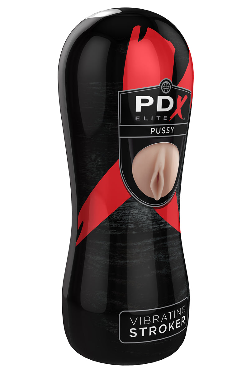 Side angle of PDX Elite Vibrating Stroker canister with red ribbon graphic across body
