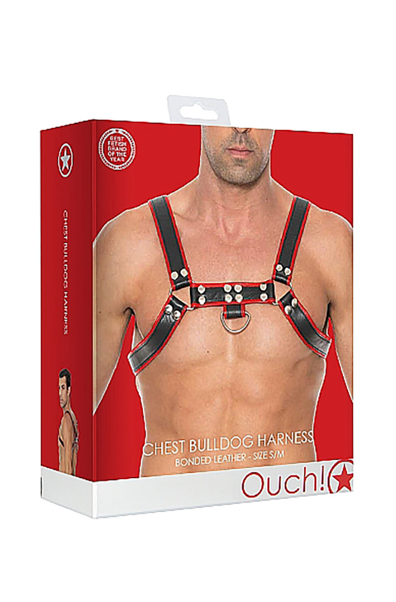 Second view of the Midnight black-and-red bonded leather bulldog chest harness.