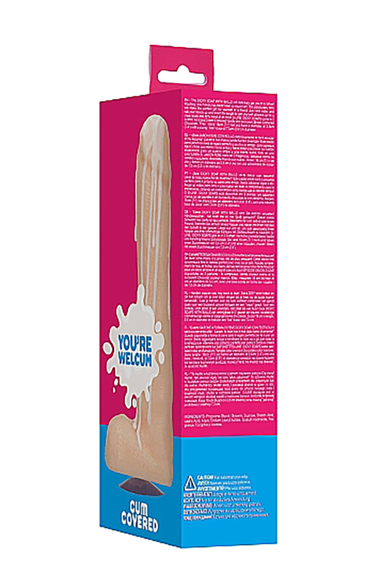 Vanilla Dick Soap with Balls held in a hand showing the 7.1 inch overall height for scale.